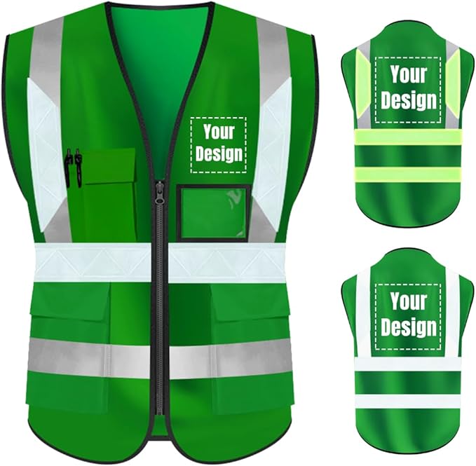 YOWESHOP High Visibility Safety Vest Custom Your Logo Protective Workwear 5 Pockets With Reflective Strips Outdoor Work Vest (2XL, Green Luminous)