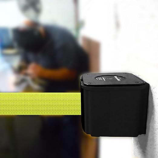 WM412 Retractable Belt Wall Mounted Smooth Black Crowd Control Barrier and Receiving End, 25' Fluorescent Yellow Belt