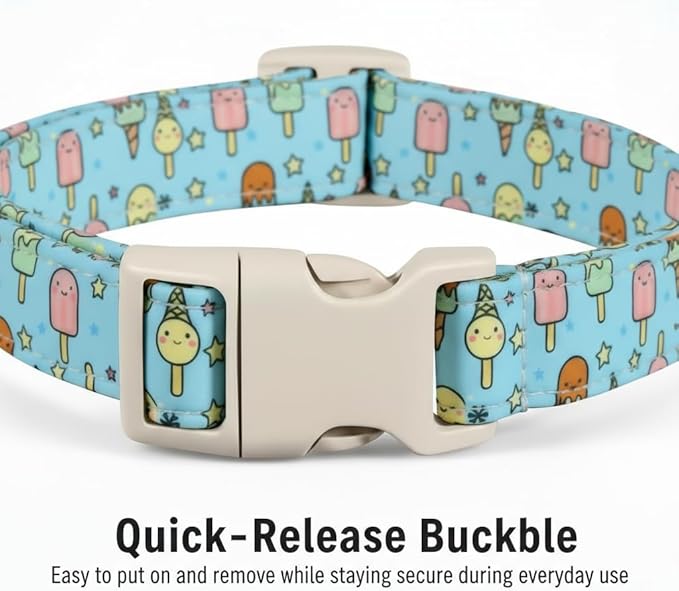 Cute Dog Collar, Girl Boy Dog Collar for Medium Dogs, Blue Collar with Ice Cream Print for Spring Summer, Adjustable Pet Collar Made of Soft Durable Fabric and Robust Buckle, M