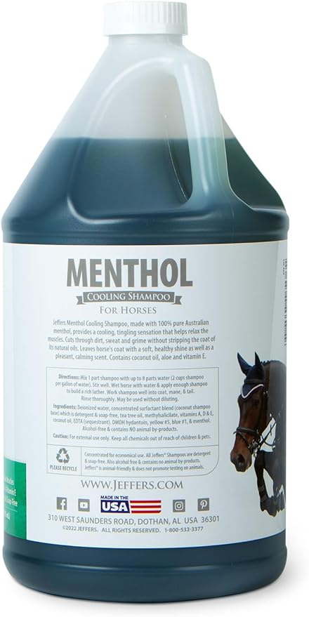 Jeffers Equine Menthol Cooling Horse Shampoo 1 Gallon - 100% Pure Australian Menthol, Coconut Oil, Aloe & Vitamin E - Moisturizing, Deep Cleansing, Gentle Grooming Shampoo for Horses