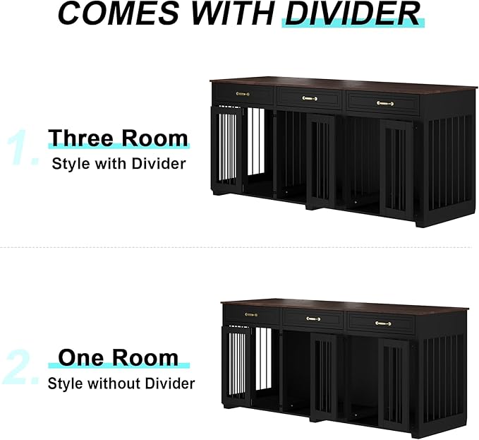 Dog Crate Furniture - Indoor Wooden Dog Kennel with 2 Dividers, 3 Drawers, and 3 Lockable Doors, 72"x23.6"x31.5"H, Black