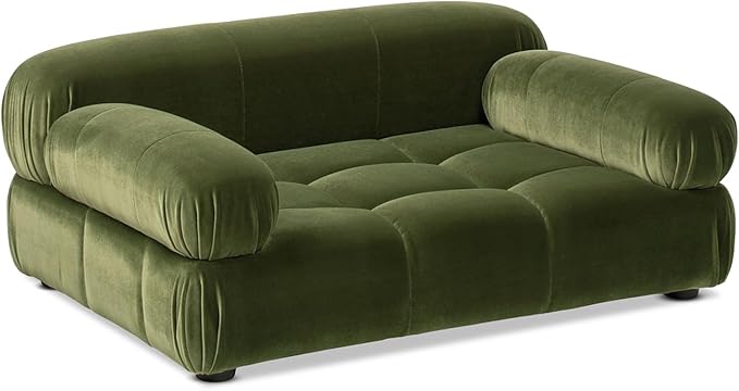 Marcel Upholstered Modern Pet Bed for Small & Medium Dogs and Cats, Sofa-Style Dog Bed with Bolstered Arms, Tufted Cushion, Water & Stain Resistant Velvet (Olive Green)