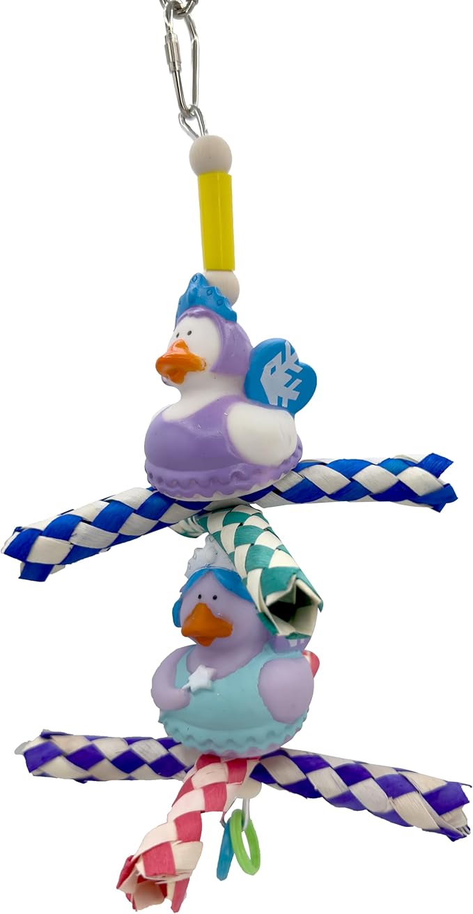 951 Double Duck Trap Bird Toy with Rubber Ducks Bamboo Finger Traps and Plastic Rings – Handcrafted Great for Small to Medium Size Birds