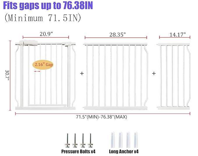 Baby Gates Extra Wide 71.5-76.4 Inch Large Baby Gates for Stairs Tension Pet Dog Gates Indoor for Doorways No Drilling Pressure Mounted Pet Gates for Kids