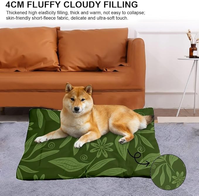 Dark Green Botanical Dog Bed for Cage Dog Bed Mat Washable Pads Crate Cushion Washable Non-Slip Crate Medium Size Floor Mat Pillow for Dogs Indoor Outdoor 24X18 Inch