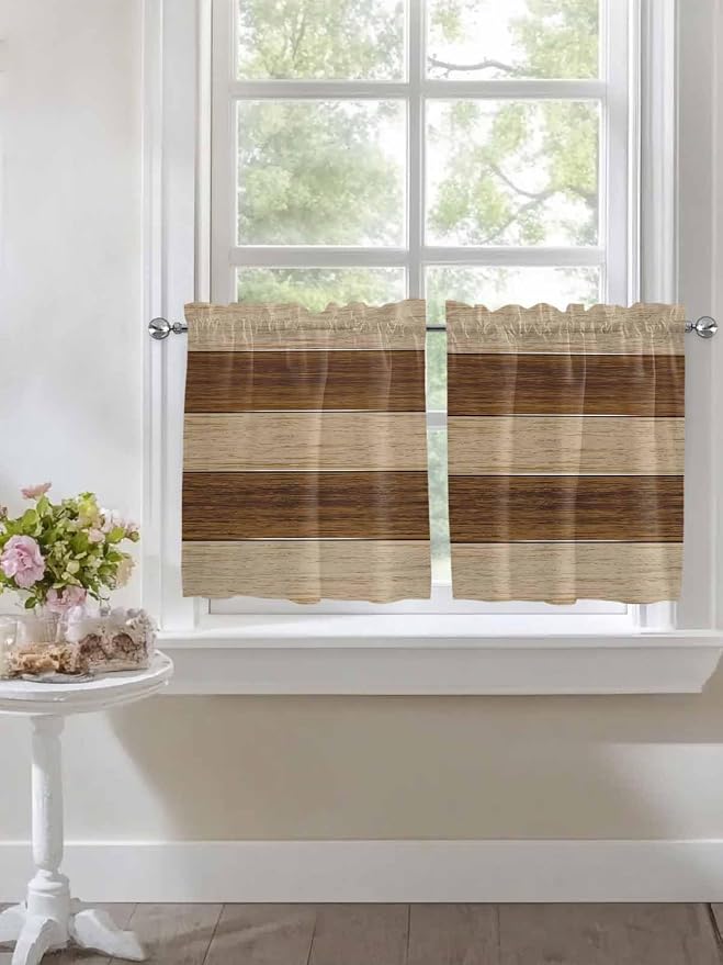 Retro Country Brown Wooden Board Window Valance Curtains, Farmhouse Gradient