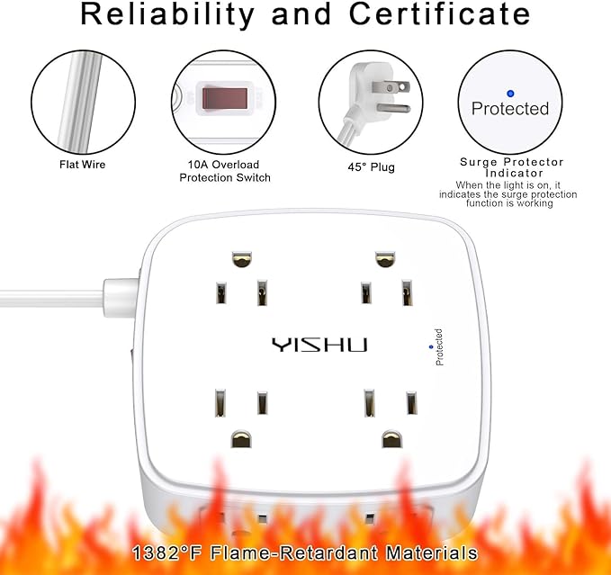 6 Ft Surge Protector Power Strip - YISHU 8 Widely Outlets with 4 USB Ports, 3 Side Outlet Extender with 6 Feet Flat Extension Cord, Ultra Flat Plug, Wall Mount, Desk USB Charging Station, ETL, White