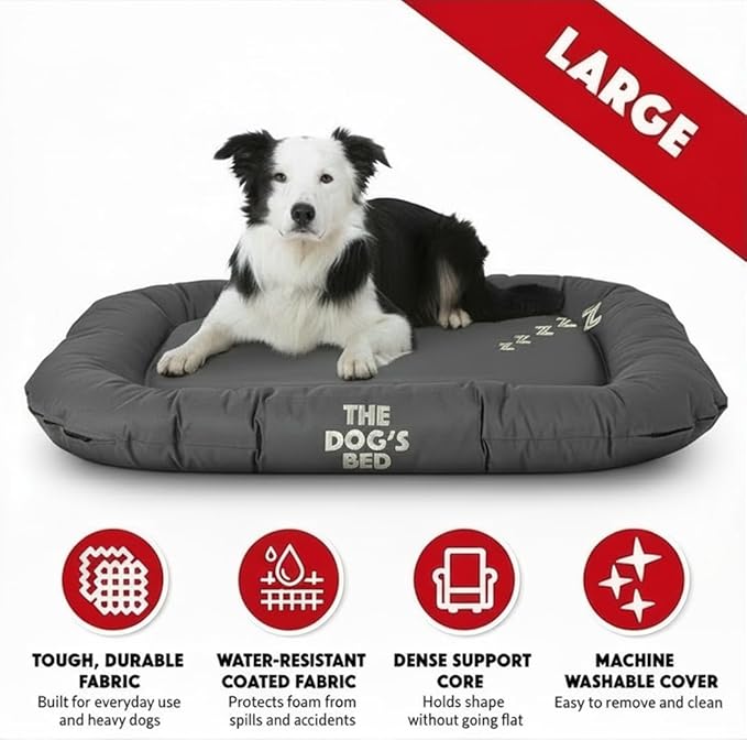 The Dog’s Bed Waterproof Dog Bed for Large Dogs, Grey – Durable Washable Dog Bed for Indoor & Outdoor Use, Tough Oxford Fabric, Removable Cover, Crate Kennel Car Travel Bed