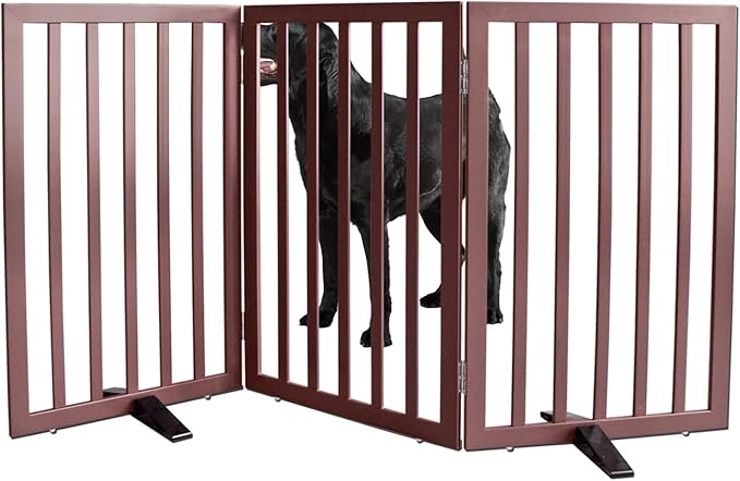 ZJSF Freestanding Indoor Dog Gate for House Foldable Wood Puppy Gate for Doorways Pet Gate for Stairs Extra Wide Pet Fence, Brown, 32" Height 3 Panels