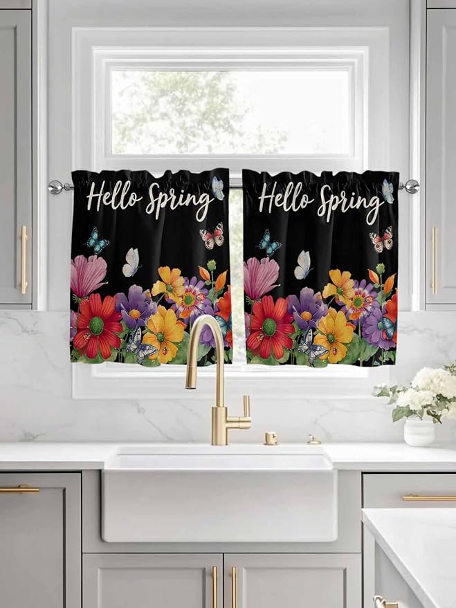 Spring Flowers Half Window Curtains 24 Inches Long, Watercolor Country Colorful