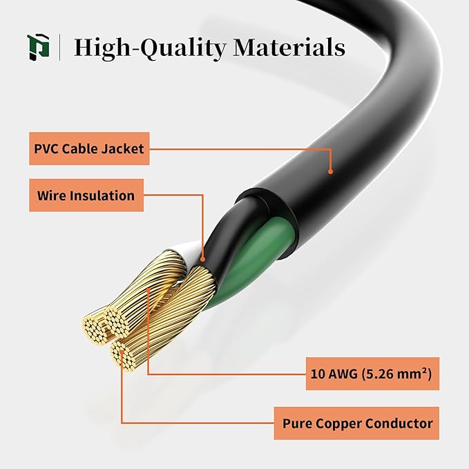 PLUGTUL 10 Gauge Extension Cord 25FT, Black Outdoor Extension Cord with Lighted End, Heavy Duty,15A 1875W SJTW, ETL Listed