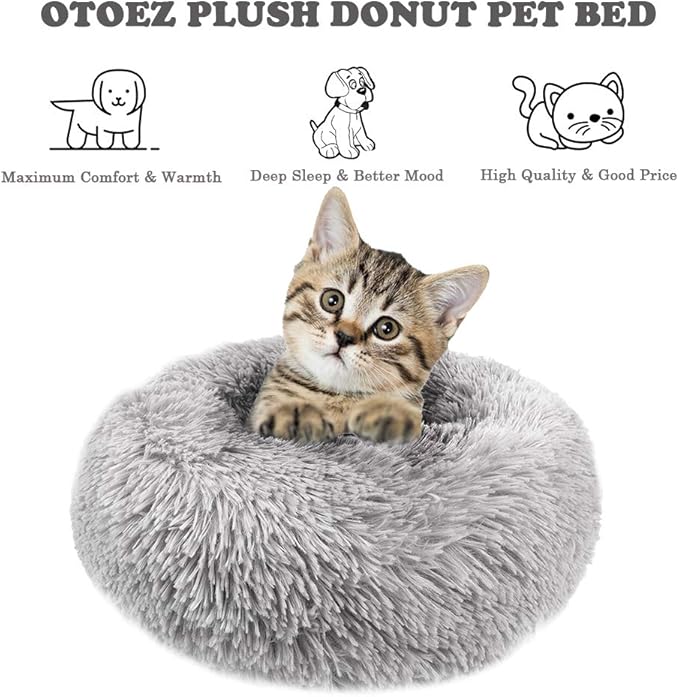 otoez Kitten Puppy Bed Extra Small XS Round Dog Cat Beds Anti Anxiety Plush Pet Calming Donut Bed with Non-Slip Waterproof Bottom, Washable (15.7", Light Grey)
