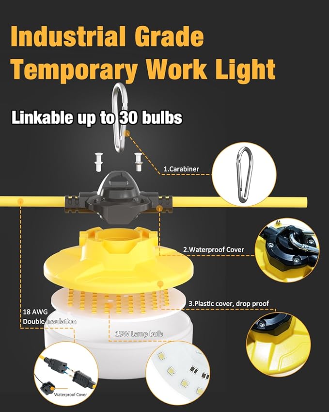 LED Construction String Light 100FT, 130W 16000Lm Industrial LED String Work Lights with 10 Bulbs, Linkable 5000K Super Bright Temporary Lighting for Construction Site, Job Site, Work Site