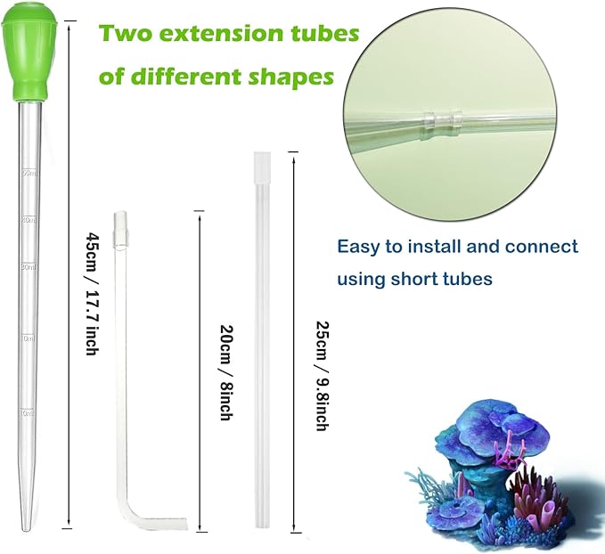 KABASI Waste Clean Tool Coral Fish Feeder, 50ml Manual Acrylic Pipette Suction Dropper with 2PCS Extension Pipes for Fish Tank Cleaning, Water Changer Waste Remover for Aquarium