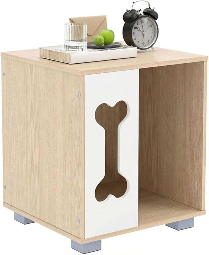 Wooden Dog House Bed & Side Table – Modern Dog Condo with Bone-Shaped Window and Sturdy Metal Legs
