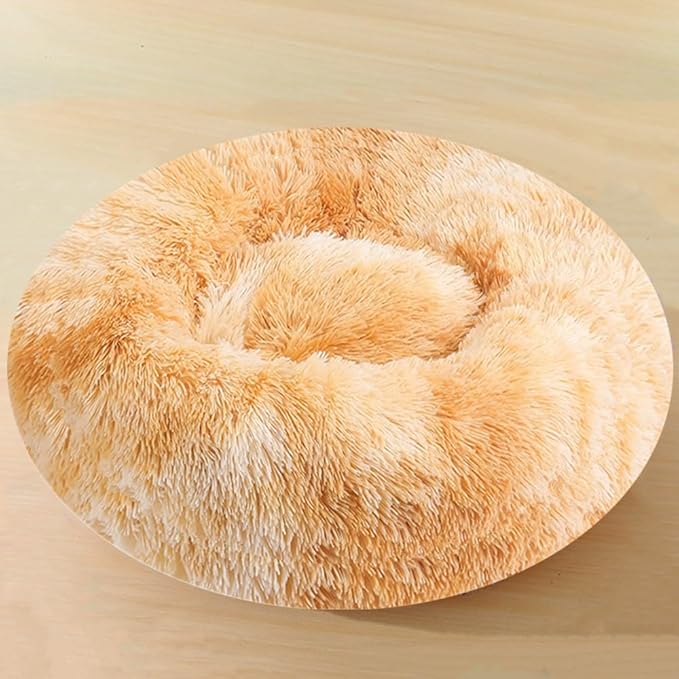 Large Calming Dog Bed, 47 Inch Anti-Anxiety Donut Dog Cuddler Cat Bed, Warming Cozy Soft Dogs Round Bed, Fluffy Faux Fur Machine Washable Pet Cushion for Medium Large Dogs & Cats (Yellow White)