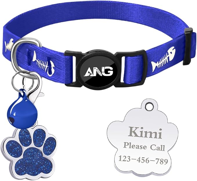 Personalized Breakaway Cat Collars Glow-in-The-Dark with ID Tag, Bell - Safety Quick - Release, Customizable for Female Male Kittens & Cats (Navy)