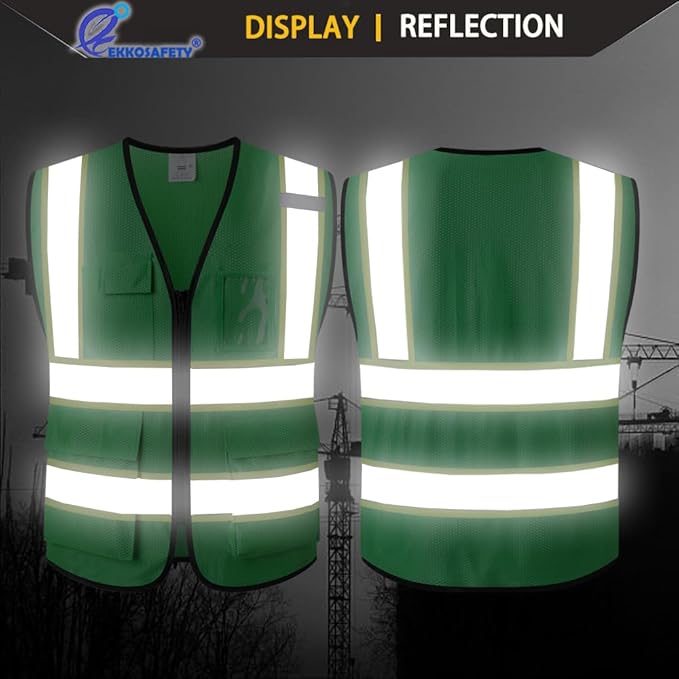 Reflective Mesh Safety Vest for Men Women with 5 Pockets and Zipper Front High Visibility Mesh Vest Hi Vis Construction Work Vest,Meets ANSI/ISEA Standards(EK175-Green-M)