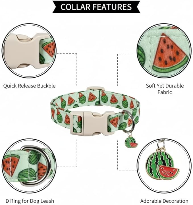 Dog Collar for Small Dogs, Summer Dog Collar with Watermelon Print and Charm, Adjustable Pet Collar for Girl Boy Dogs
