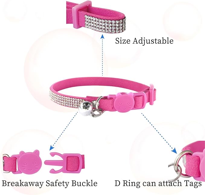 Pack of 2 Rhinestone Cat Collar Breakaway with Bell Safety Buckle, Adjustable Diamond Girl Boy Kitty Cute Comfy Collar for Kitten Tiny Little Pets Rabbits, 6"-9" Extra Small