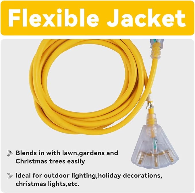 EP 10 Ft 12 Gauge Heavy Duty Extension Cord, 15A 125V 1875W, 3 Outlet Indoor/Outdoor Power Cord with Lighted End, 12/3 SJTW Weatherproof Yellow, UL Listed