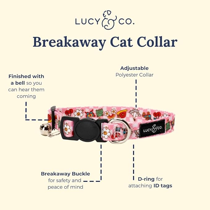 Lucy & Co. Cutie Patootie Breakaway Cat Collar with Bell – Designer Print Adjustable Safety Collar for Cats, Kittens & Small Dogs, Lightweight Pet Collar for Boy & Girl Cats – Small