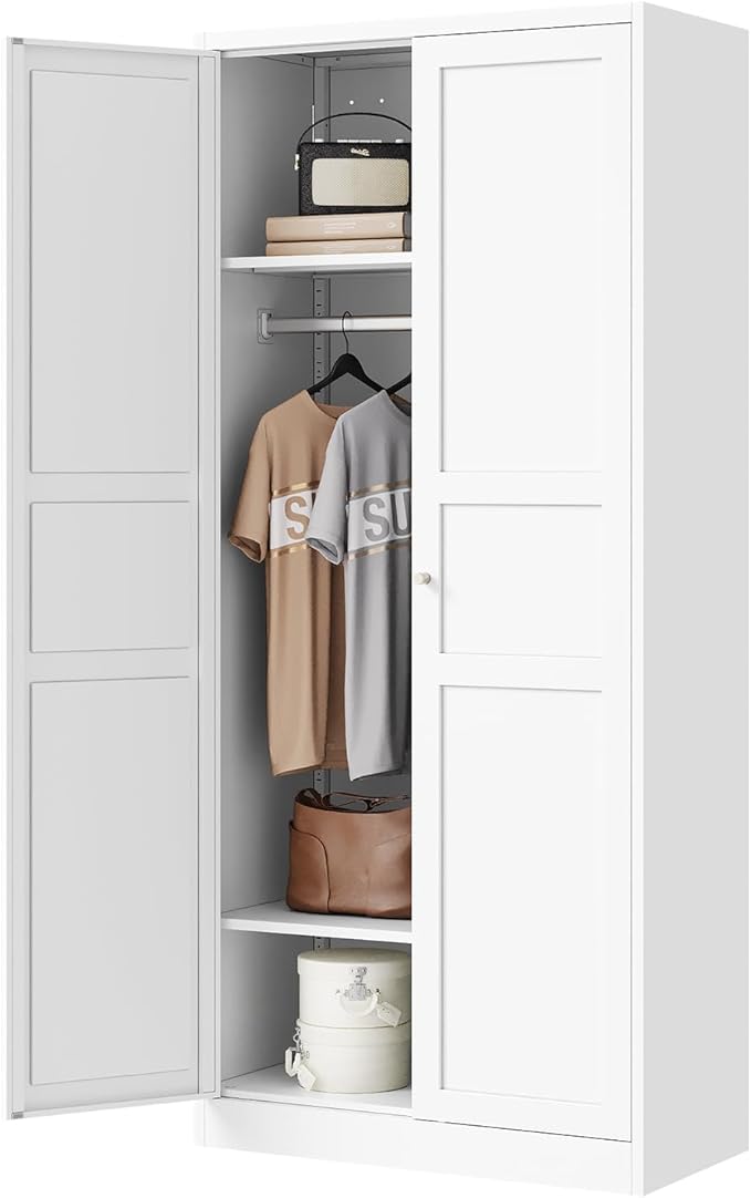 Letaya Wardrobe Armoire Closet,72" H Metal Storage Cabinet with Adjustable Shelves and Hanging Rod,Bedroom Armoire Cabinet Clothes Organizer (White)