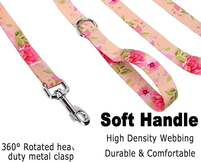 Dog Collar and Leash Set with Bohemia Floral Tribal Geometric Patterns - Soft Ethnic Style Collar Adjustable for Small Medium Large Dogs(Pink Rose Set,L)