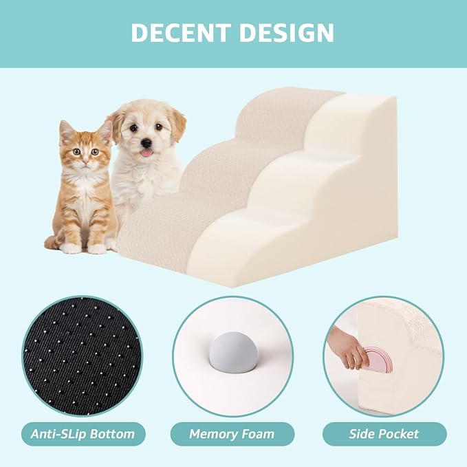 Dog Stairs for Small Dogs 19" H, 4-Step Dog Steps Ramp for High Beds and Couch with Anti-Slip Washable Cover and Durable High Density Foam, Pet Stairs for Cats, Beige
