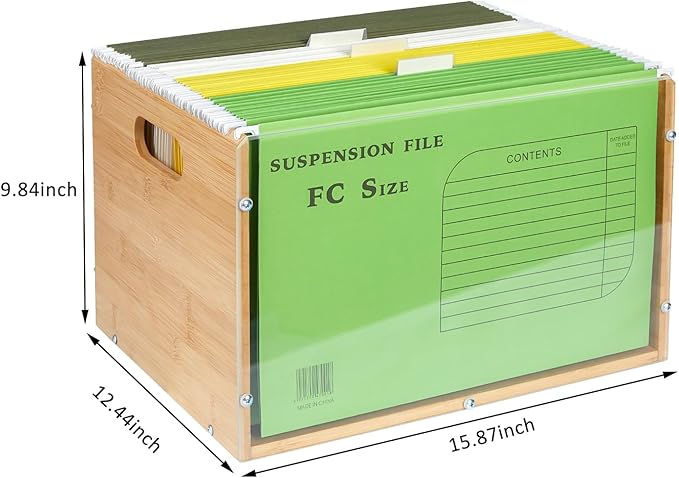 Letter/Legal Bamboo Acrylic File Box Organizer, Hanging File Folder Storage Boxes, Decorative Document Crate Transparent Filing Bin with Handle for Home Office Desk