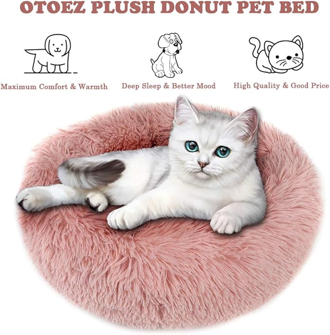 otoez Kitten Puppy Bed Extra Small XS Round Dog Cat Beds Anti Anxiety Plush Pet Calming Donut Bed with Non-Slip Waterproof Bottom, Washable (15.7", Pink)