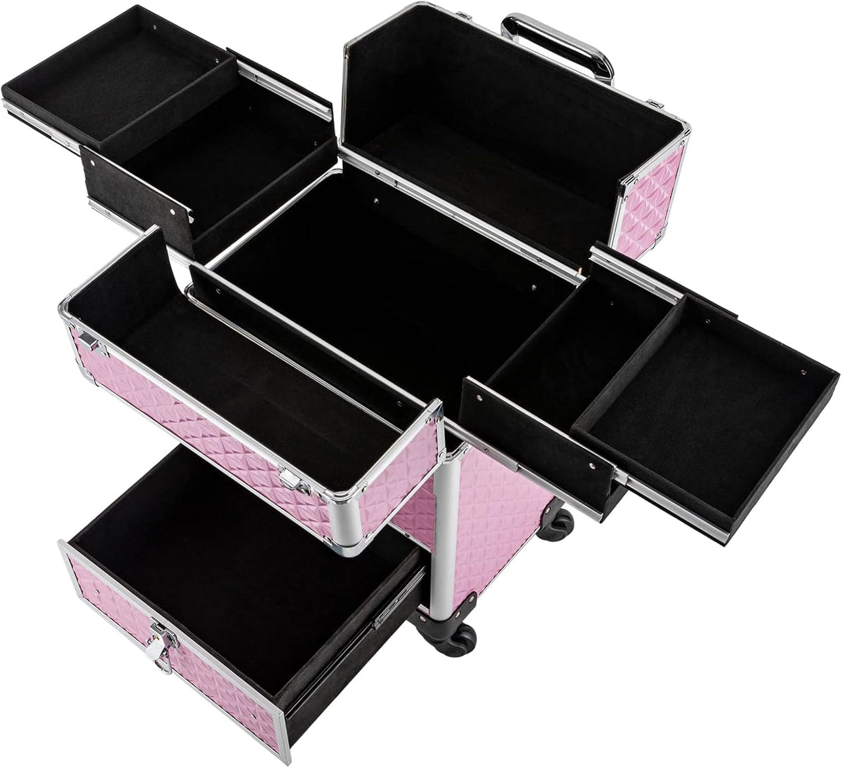 Rolling Makeup Train Case,Professional Aluminum Trolley Case with 4 Detachable Wheels,Nail Polish Organizer with 7 Compartments and a Drawer,for Storing Scissors Makeup Jewelry (Pink Style A)