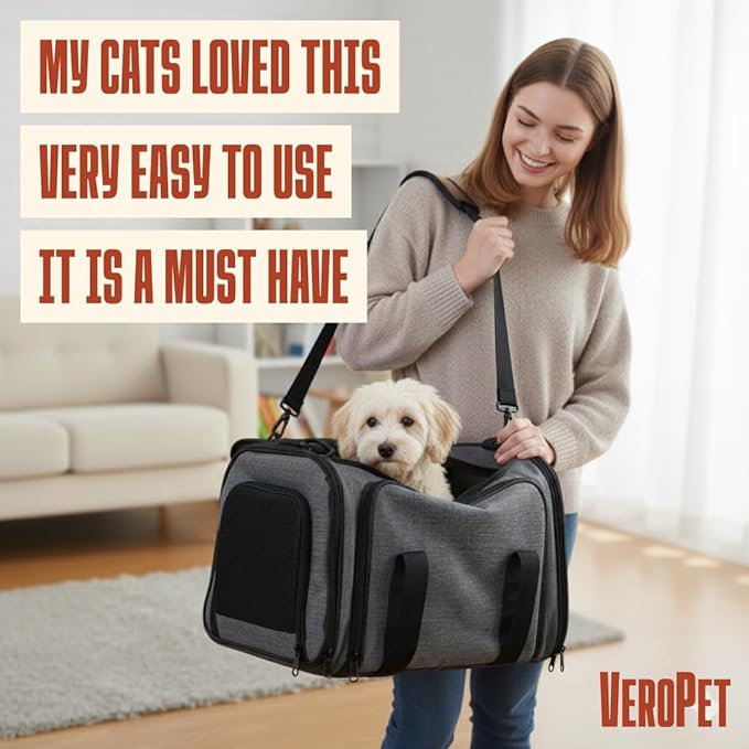 Soft Sided Pet Carrier for Small Dogs & Cats up to 9 Lbs - Breathable 100% Polyester Travel Bag with Luggage Strap & Washable Mat - Airline Approved Underseat Fit - Grey