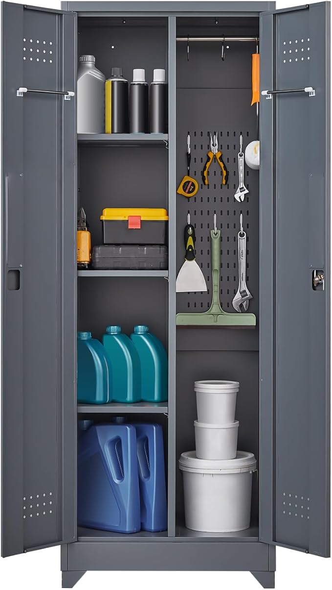 FLEXIMOUNTS 65'' Tall Metal Storage Cabinet with Locking Door, Large Cleaning Tool Organizer for Brooms, Garage, Laundry Room, Bathroom, Dark Grey