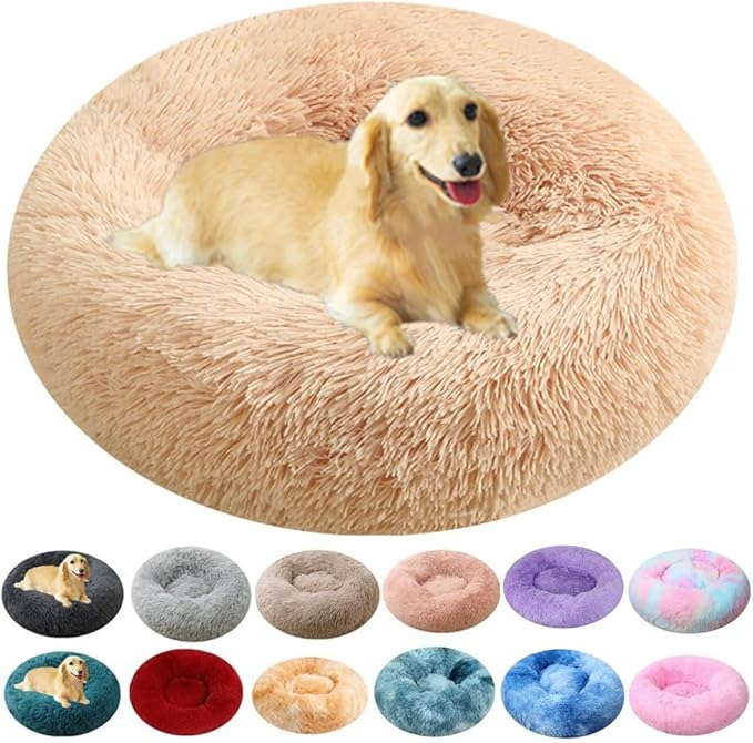 Donut Dog Bed Cat Bed, 20 Inch Round Fluffy Dogs Beds for Small Dogs and Cats, Anti-Anxiety Donut Dog Cuddler Bed, Washable Pet Bed for Medium Cats (Yellow)