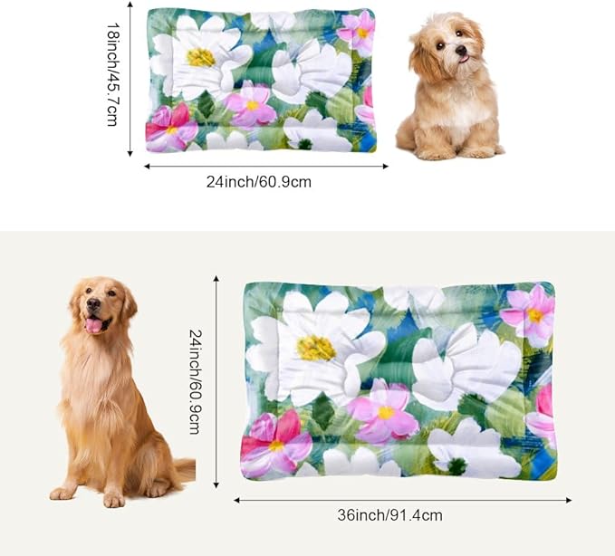 White Pink Floral Dog Beds Dog Cute Bed Mat Pet Padding Crate Pad Washable Non-Slip Medium Crate Bed Rectangular Mat Pillow Indoor Outdoor 36X24 Inch