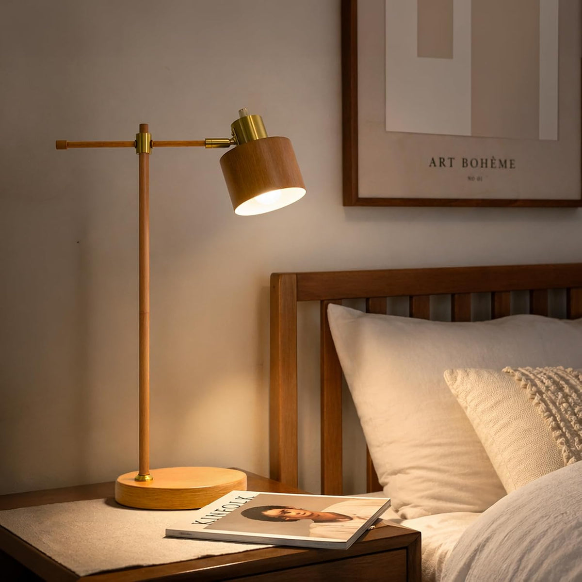OYEARS 22.2" Mid Century Desk Lamp, Modern Metal Table Lamp with LED Bulb, Adjustable Reading Lamps, Industrial Task Lamp for Home Office, Farmhouse Bedside Lamps with Solid Base, Woodgrain
