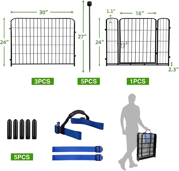 ADAVIN Dog Playpen Outdoor, 24in(H) x 9.8Ft(L) 4 Panels Animal Fence for Yard, Low Threshold Gate,Black Metal Garden Fencing, Temporary Fence for Puppy and Small Dogs, Dog Play Pen for RV Camping