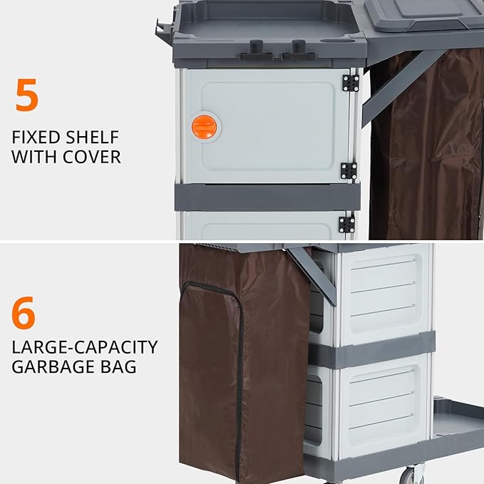 Commercial Janitorial Cart, 3-Shelf Housekeeping Cleaning Cart with 2 Cabinet, Cover, Shelves, and Oxford Bag, Traditional Janitorial Cart for School Hotel Apartment