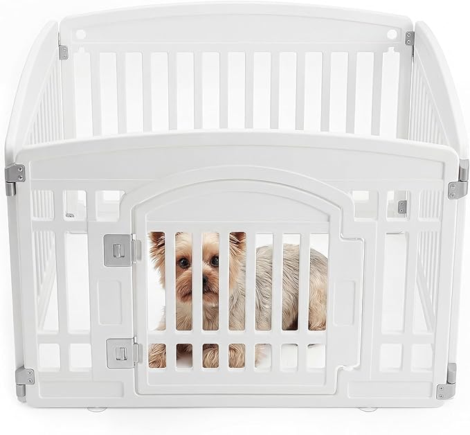 NEWBULIG Dog Playpen 4-Panel, 24IN Puppy Playpen, Stable Dog Play Pen Indoors/Outdoor with Secure Locking Door, Plastic Pet Fence for Small & Medium Dogs