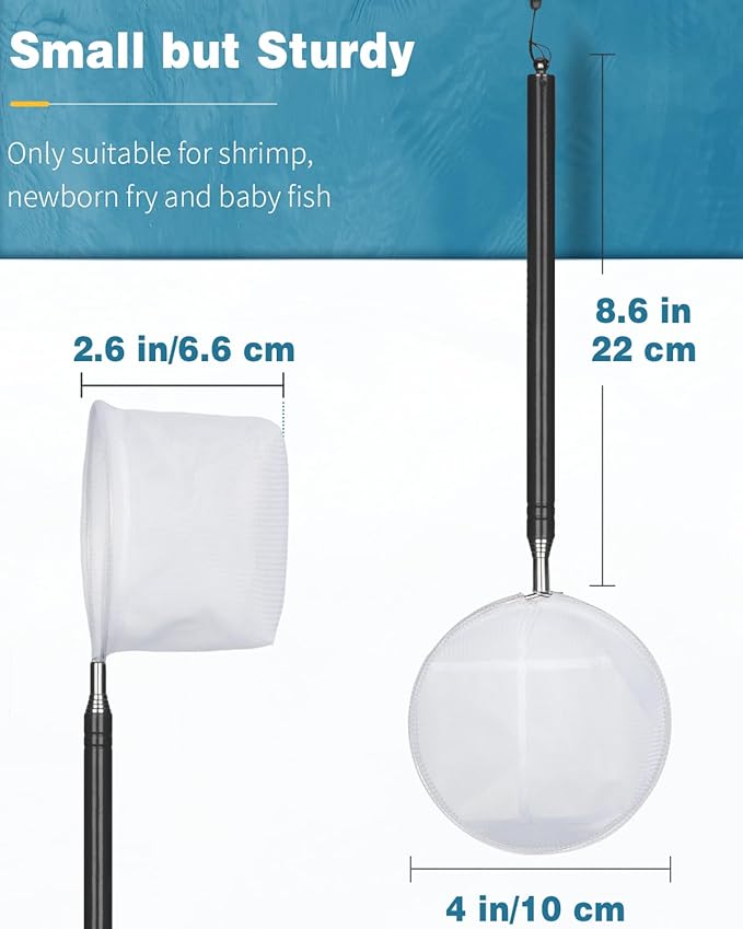 Pawfly 4 Inch Aquarium Shrimp Net for Baby Fish, Small Soft Round Fine Mesh and Long Extendable Stainless Steel Handle for Tank & Pond