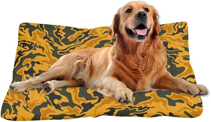 Yellow-Green Swirl Camo Dog Beds & Furniture Crate Mats Kennel Pads Crate Dog Bed Washable Non-Slip Bed Washable Small Cage Mats for Crates Kennel Accessories Indoor Outdoor 36X24 Inch