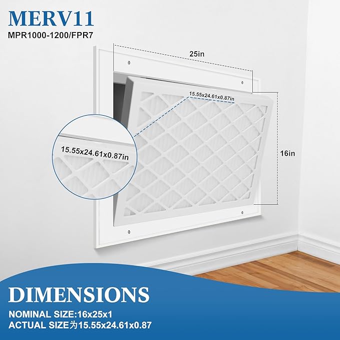 16x25x1 MERV 11 Air Filter, Quality AC/HVAC Furnace Filter，1 Reusable ABS Frame