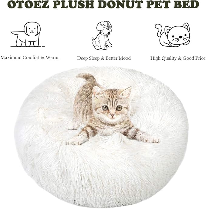 otoez Kitten Puppy Donut Bed - Small Round Dog Cat Beds Anti Anxiety Plush Pet Calming with Non-Slip Waterproof Bottom, Washable (19.7", White)