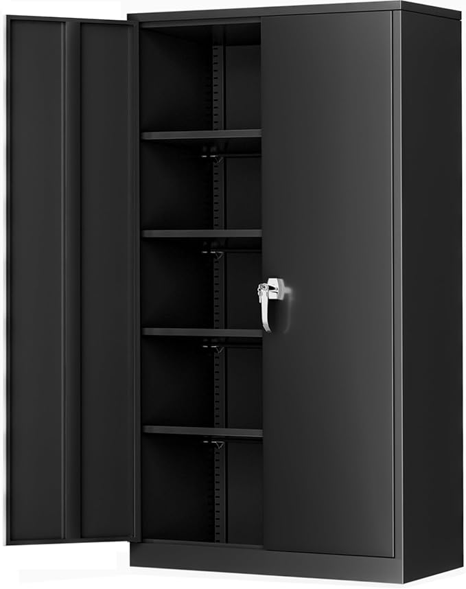 Greenvelly Steel SnapIt Storage Cabinet, 72" Locking Metal Garage Storage Cabinet with 4 Adjustable Shelves, 2 Doors and Lock for File, Office, Garage, Home (Black)