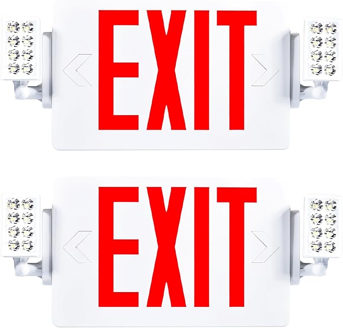 Sunco Exit Signs With Emergency Lights, Two Adjustable LED Lights With Backup Battery, Red, 94V-0 Fire Resistant, 120-277V, Wall Or Ceiling Mount, Commercial Grade UL 2 Pack.
