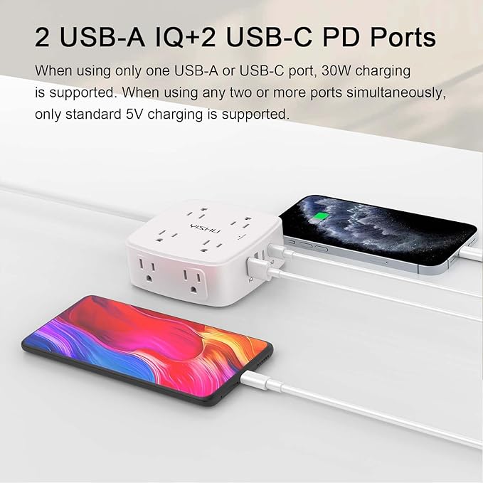 Surge Protector Power Strip - YISHU 8 Widely Outlets with 2 USB-C(PD 30W) and 2 USB-A Ports, 3 Side Outlet Extender with 6Ft Flat Plug Extension Cord, Wall Mount, Desk USB Charging Station, ETL,White