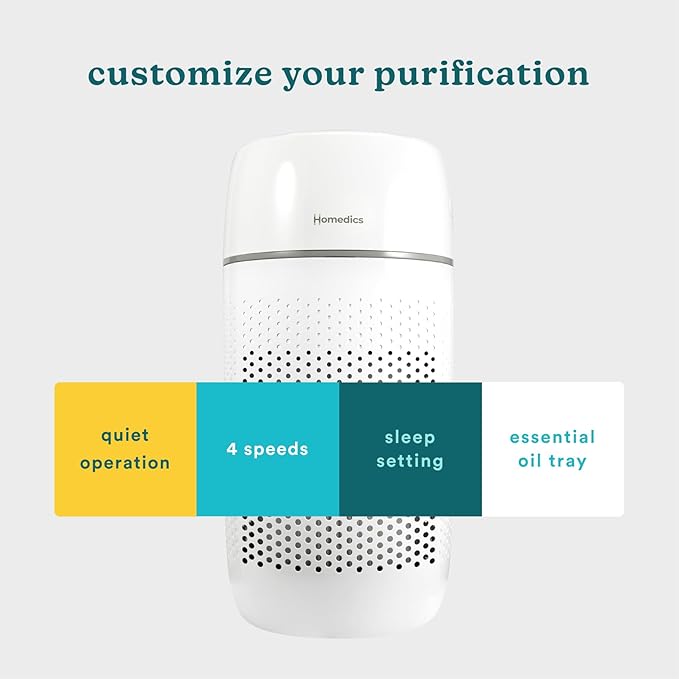 Homedics Air Purifier T22, 5-in-1 Tower Air Purifier, 99% HEPA-Type Filtration with UV-C Technology and Carbon Odor Filter, 4 Speeds, Essential Oil Aromatherapy Tray, for Medium Rooms