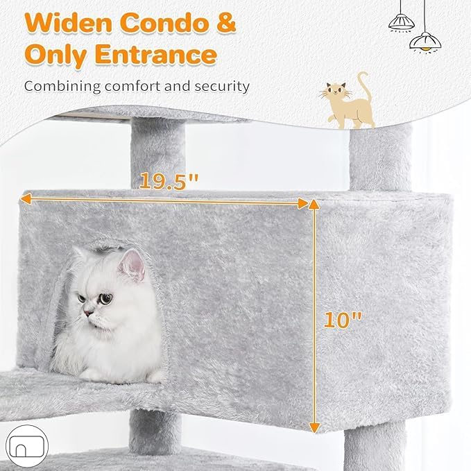 56-Inch Multi-Level Cat Tree Tower for Indoor Cats with 2 Condos, Scratching Posts & Hanging Toys – Large Cat Activity Center Furniture, Light Gray
