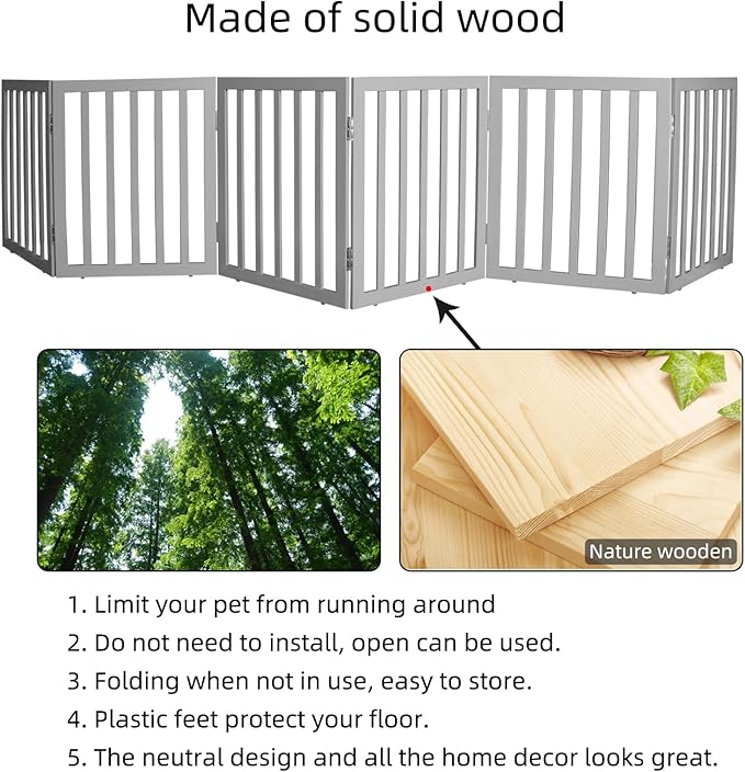 ZJSF Freestanding Indoor Dog Gate for House Foldable Wood Grey Puppy Gate for Doorways Pet Gate for Stairs Extra Wide Pet Fence 24" Height 6 Panels